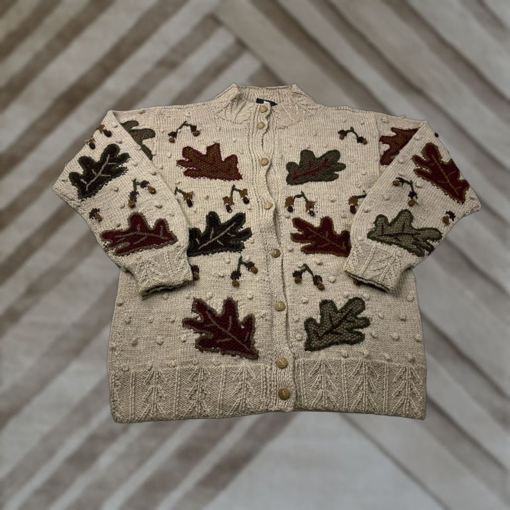 Vintage VINTAGE Woolies Handknits Wool Beig e Fall Leaves Sweater Cardigan M 1990s Thanksgiving Look Mens Women? Size M / US 6-8 / IT 42-44 - 1 Thumbnail