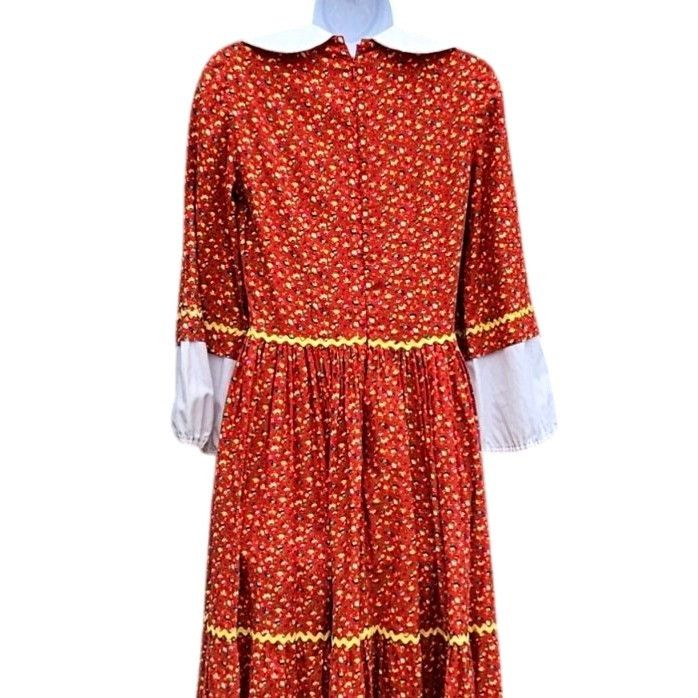 Homemade Vintage 70s Red Calico Maxi Prairie Dress Peter Pan Collar C Size XS / US 0-2 / IT 36-38 - 7 Thumbnail