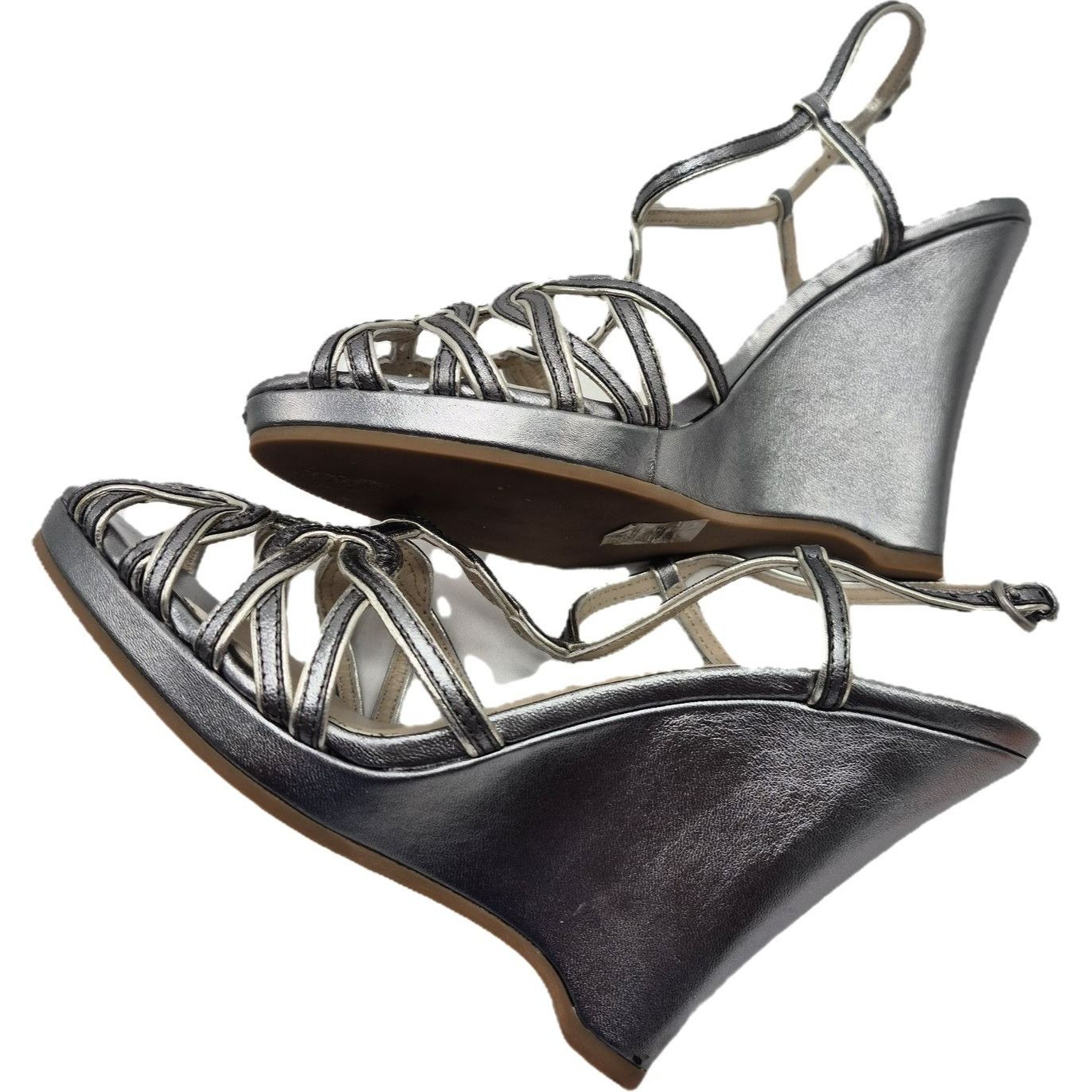 Elie Tahari Elie Tahari Silver Metallic Strappy Wedge Heeled Sandals Wom Size US 8.5 / IT 38.5 - 5 Thumbnail