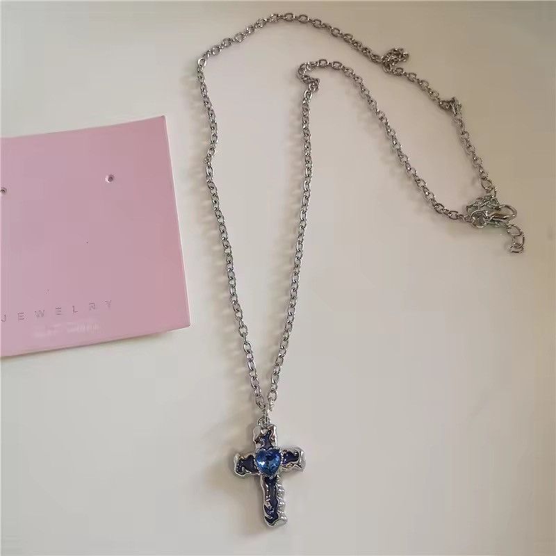 Jewelry Silver Cross Necklace with Blue Heart Stone Size ONE SIZE - 2 Thumbnail