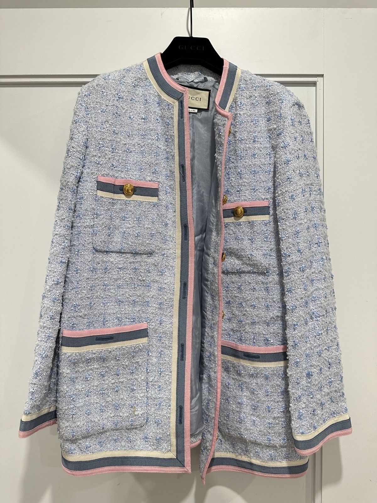 image of Gucci Tweed Jacket In Light Blue, Women's (Size XS)