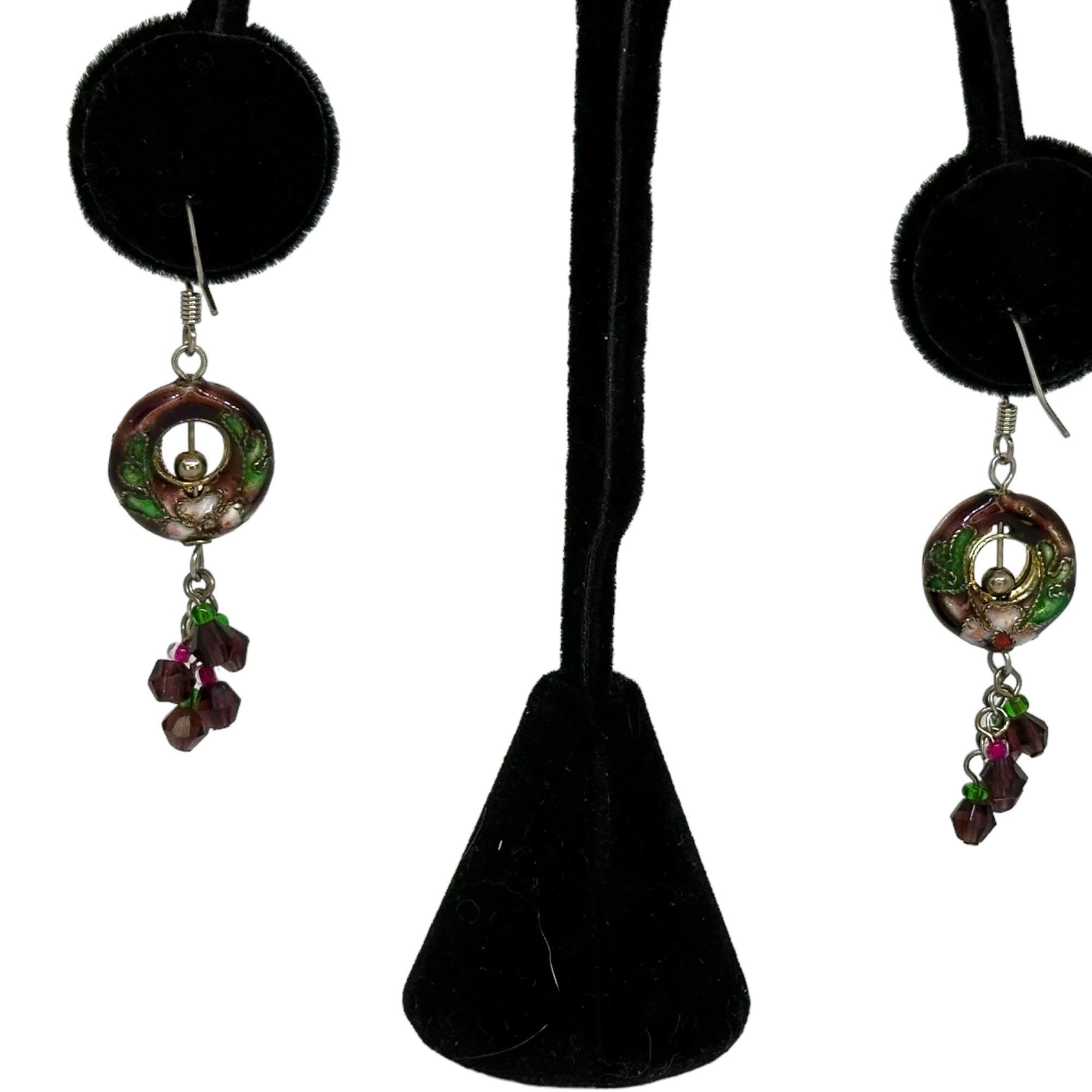 Other Floral Cloisonne French Hook Earrings Burgandy Green Pink Vi Size ONE SIZE - 6 Thumbnail
