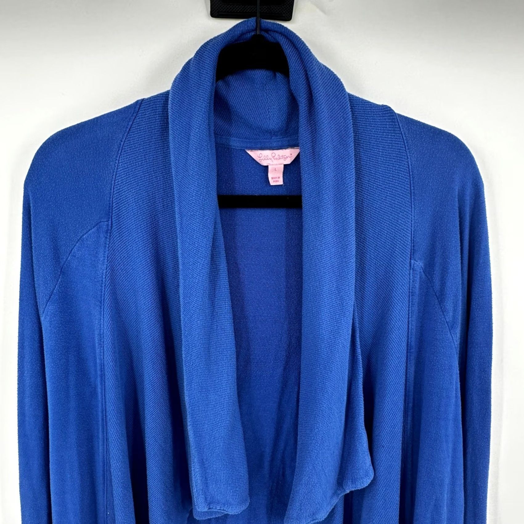 Lilly Pulitzer Lilly Pulitzer Cardigan Sweater Blue Drape Front Womens Size L Modal Spandex Knit Logo Raglan Sleeve Long Sleeve Cowl Neck Open Breathable Relaxed Fit Size L / US 10 / IT 46 - 2 Thumbnail