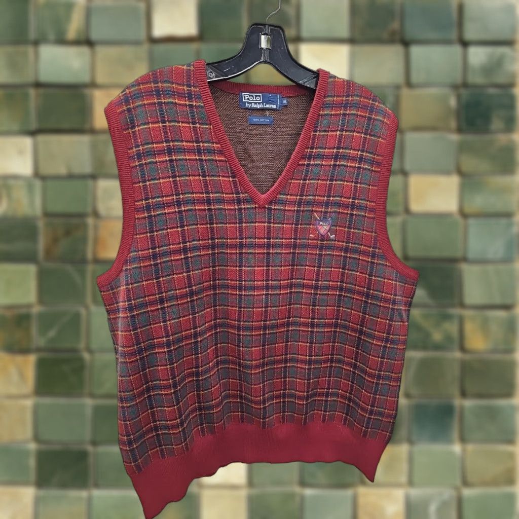Ralph Lauren VINTAGE Ralph Lauren Polo Golf Patch Vest Knit Cotton Red Plaid Mens XL Size US XL / EU 56 / 4 - 1 Thumbnail