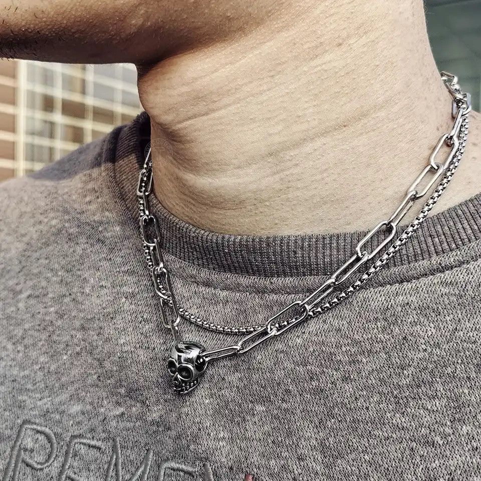Jewelry Skull Double Layered Box Cable Link Charm Choker Necklace Size ONE SIZE - 2 Thumbnail