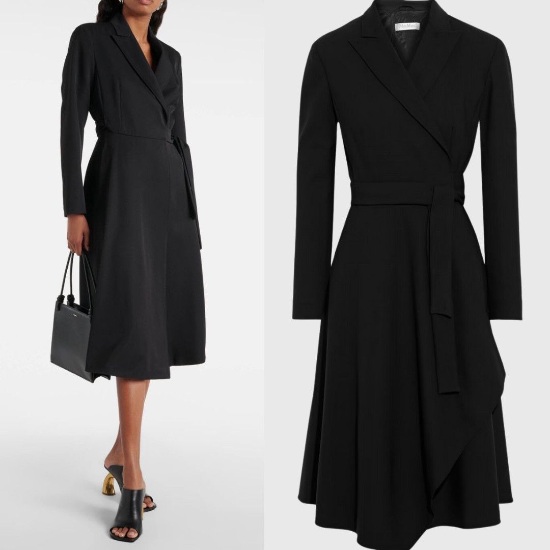 image of Max Mara | Terreno Black Virgin Wool Wrap Midi Dress 2, Women's (Size XS)