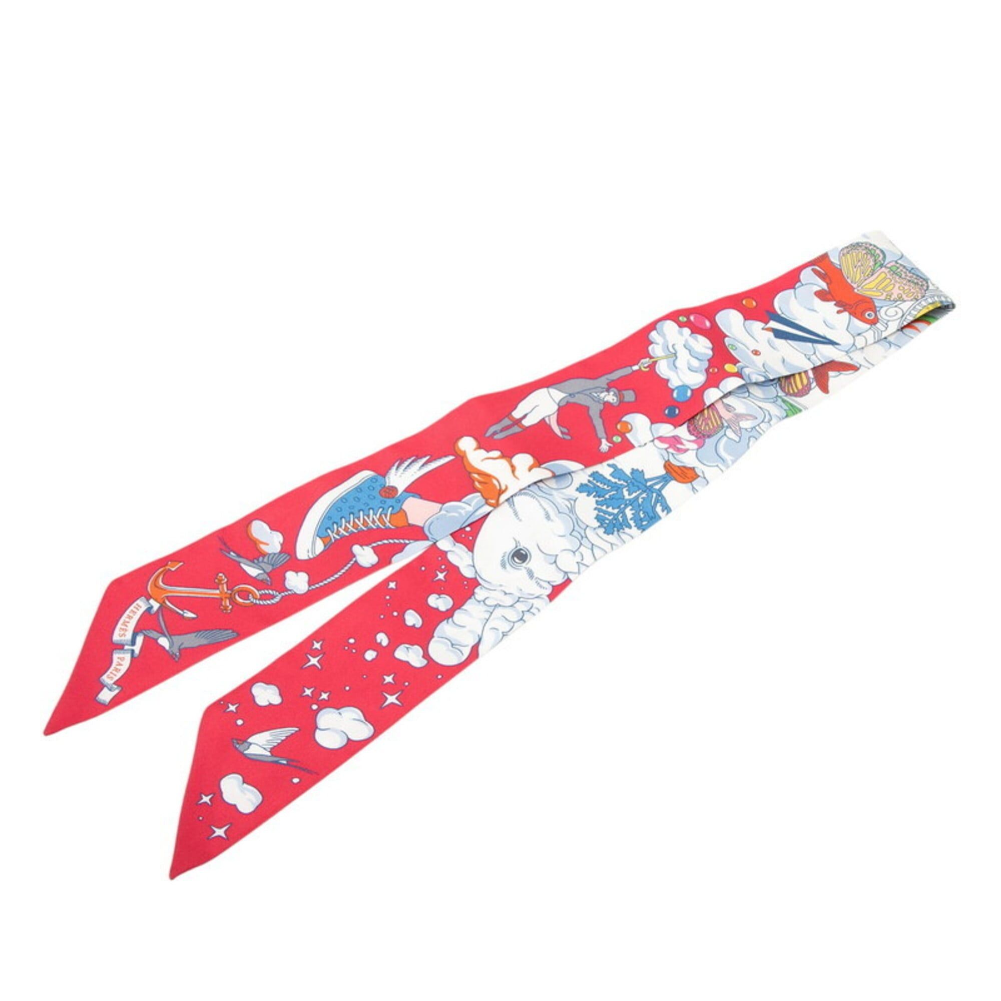 Hermes Hermes Twilly Sur Mon Nuage My Cloud Scarf Muffler Red and White Silk Women's HERMES Size ONE SIZE - 1 Thumbnail