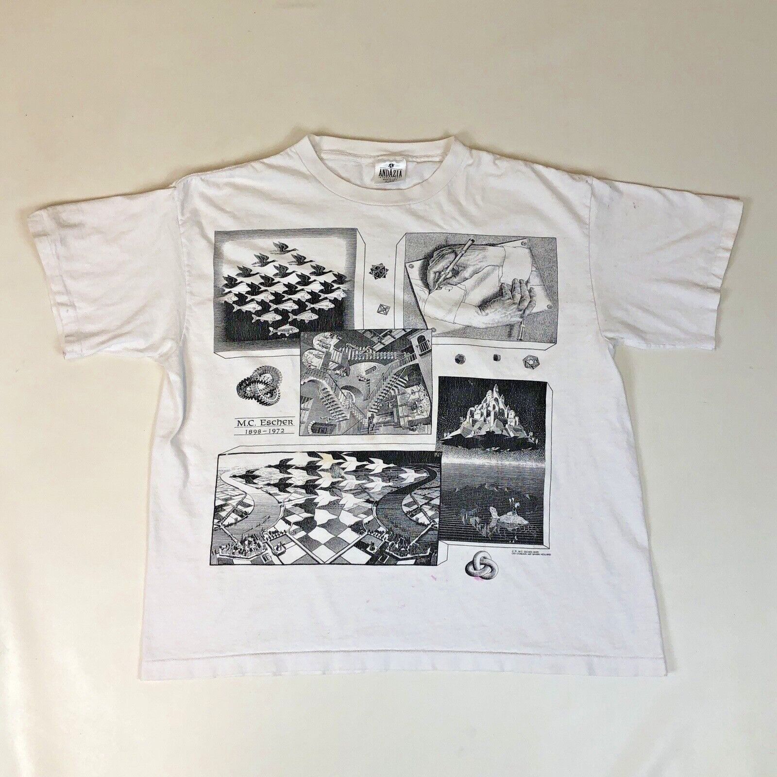 Image of Vintage Mc Escher All Over Print Aop 1991 Andazia in White, Men's (Size XL)