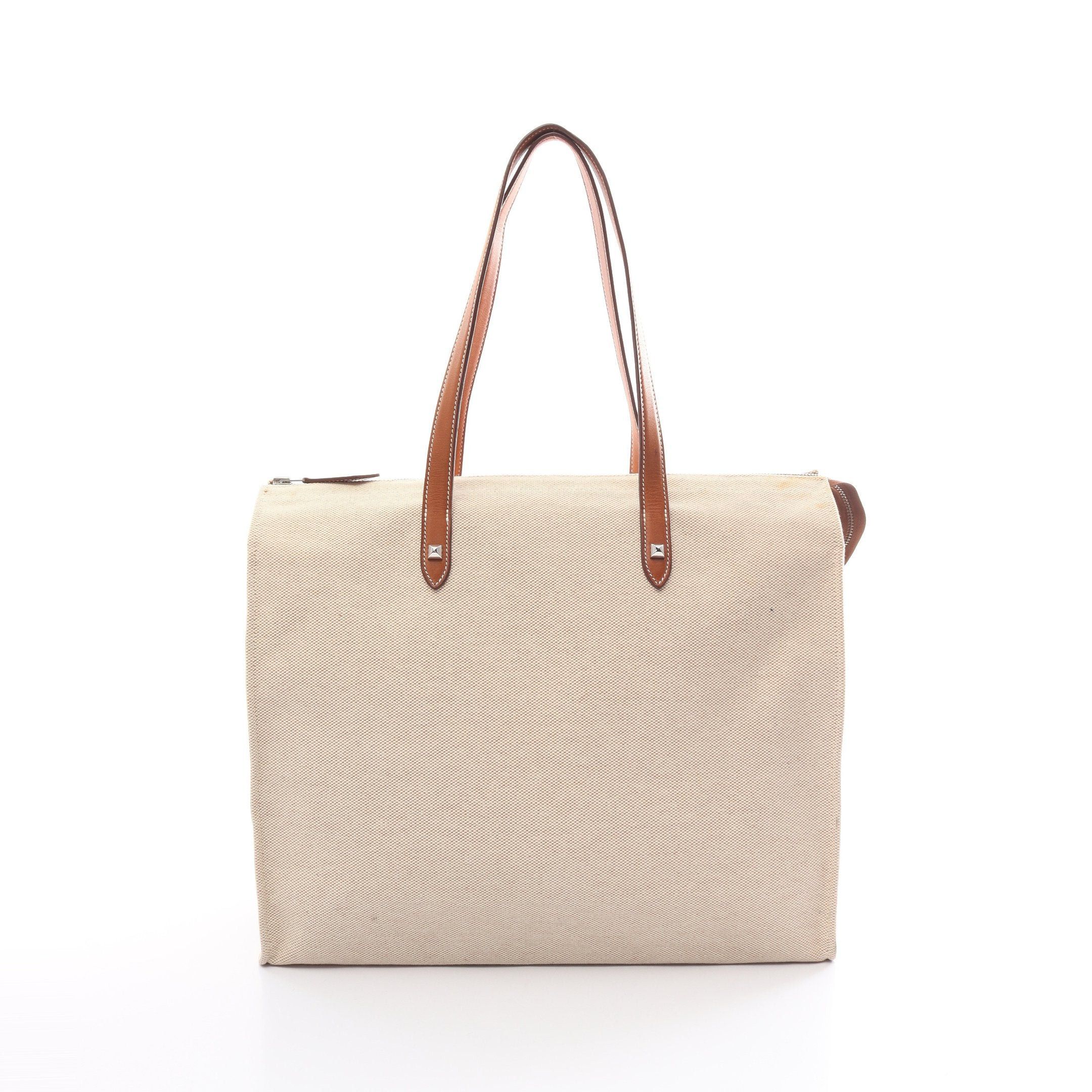 Hermes Kabas Mirror Handbag Tote Bag Toile Ash Leather Beige Brown Silver Hardware □L Stamp