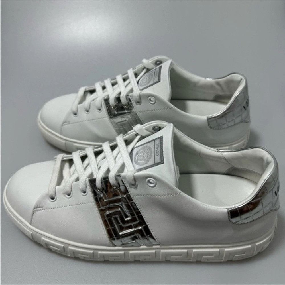 Versace Versace Croc-Print Leather Sneakers White Silver Men's Size Size US 11 / EU 44 - 3 Thumbnail
