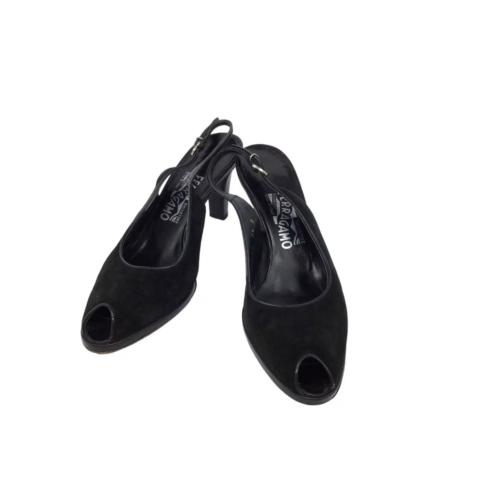 Salvatore Ferragamo VINTAGE Salvatore Ferragamo Black Suede & Patent Leather Peep Toe Heels Slingback 8.5 Womens Size US 9 / IT 39 - 2 Thumbnail