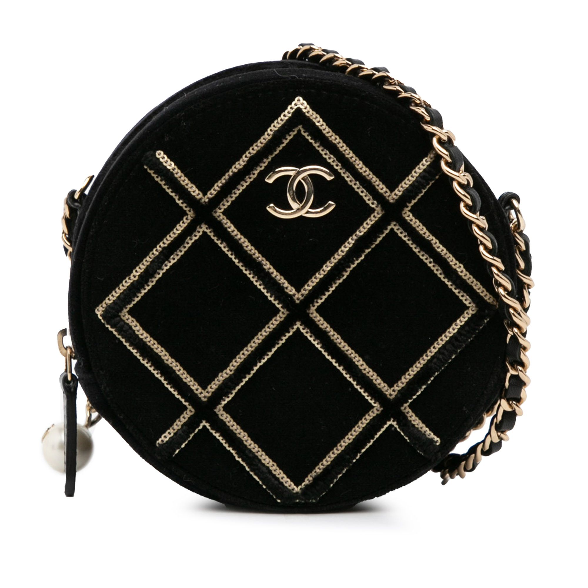 image of Chanel Velvet Pearl Sequin Round Crossbody in Black, Women's