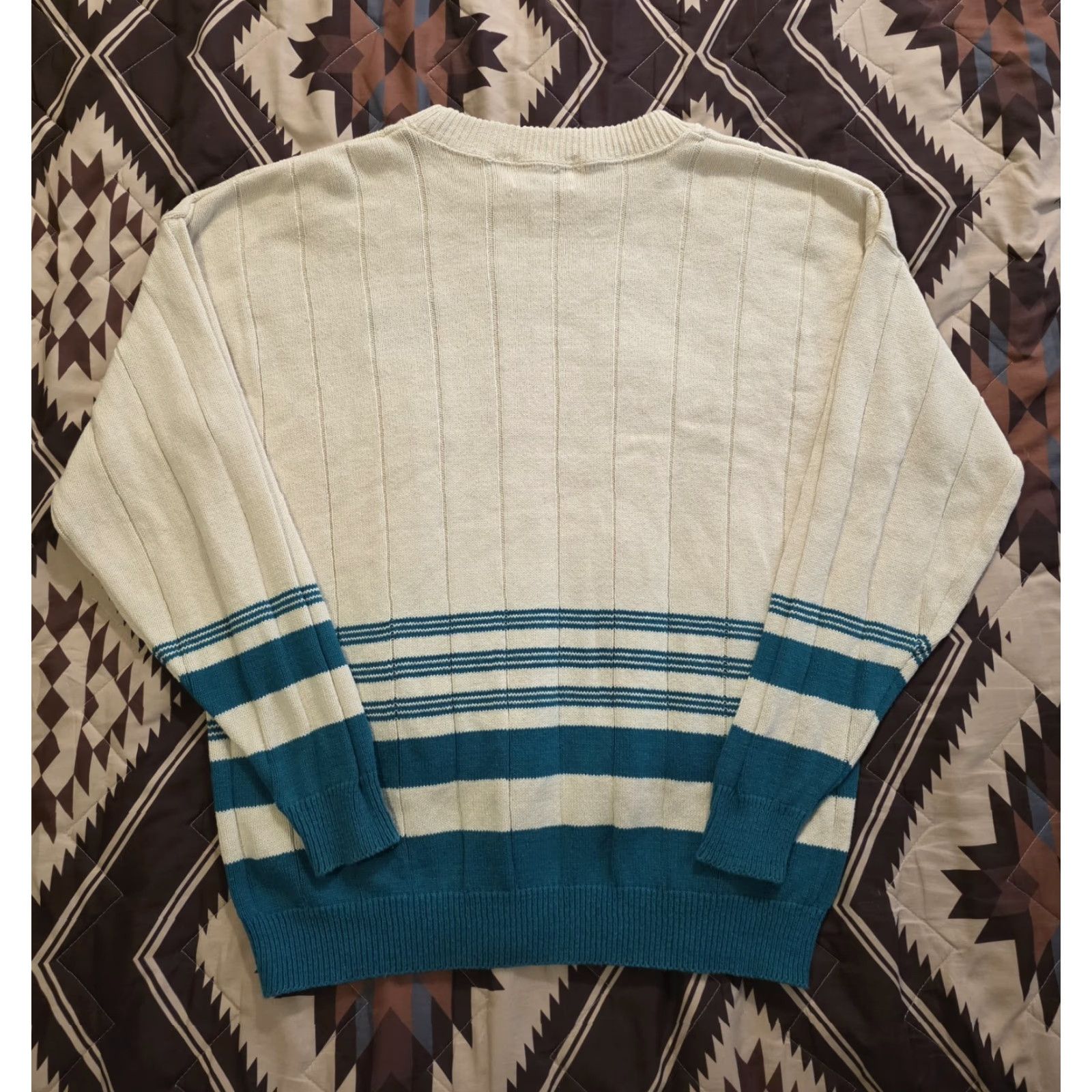 Altea VINTAGE Graffiti Sweater Men XL Crew Neck Long Sleeve Cotton Knit Golf Patch Ivory Teal 90s Preppy Casual Mens Size US XL / EU 56 / 4 - 3 Thumbnail