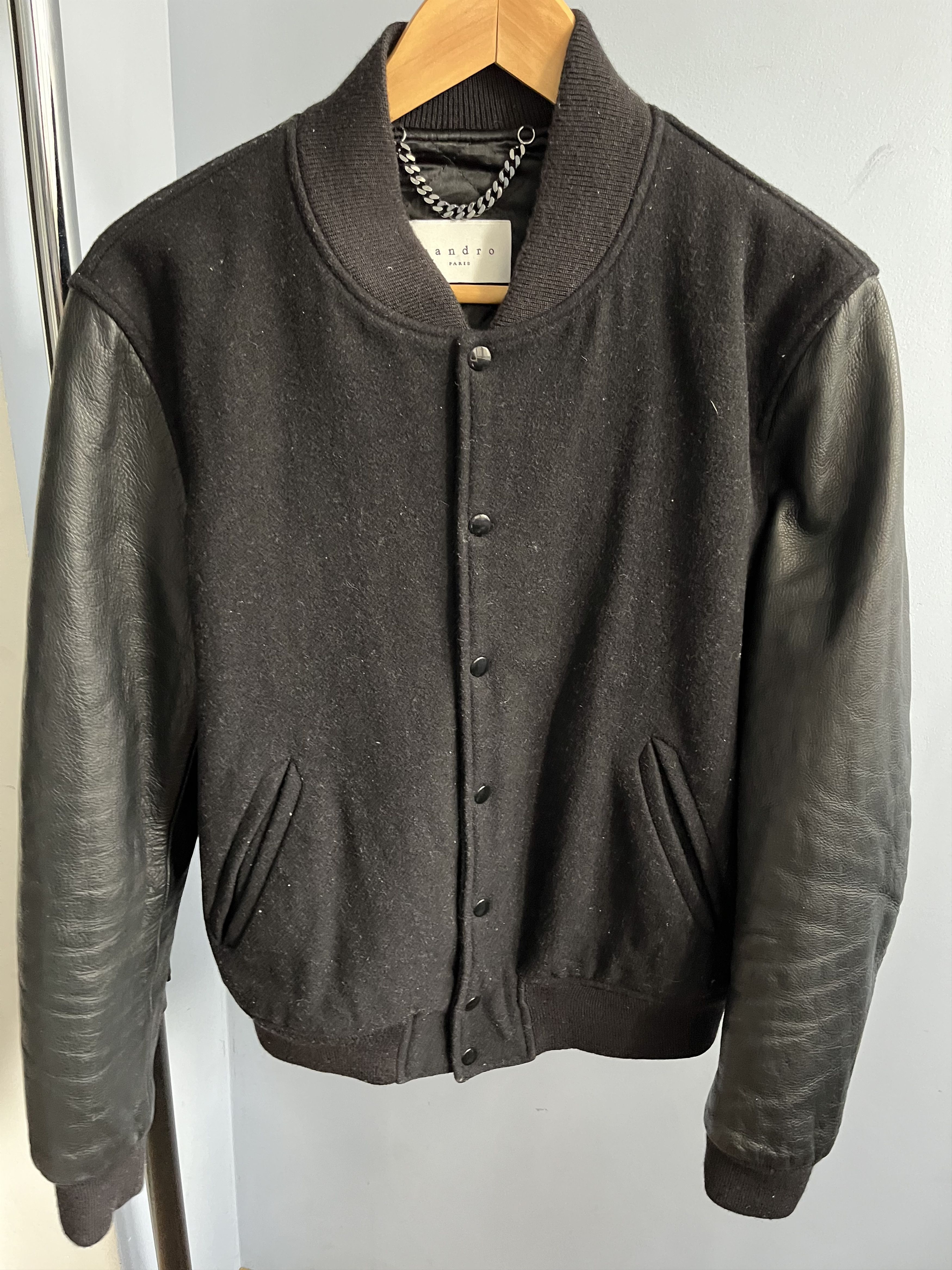 SANDRO Paris wool bomber varsity jacket leather sleeves