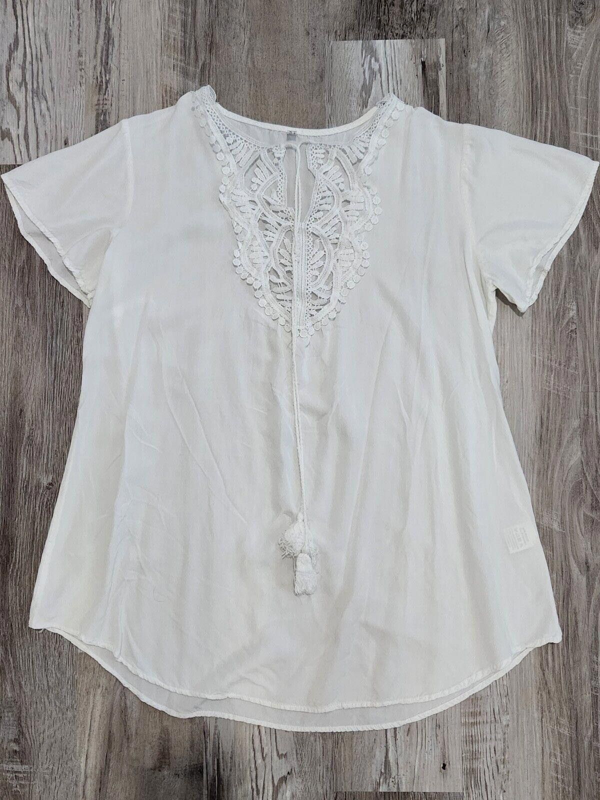 Designer Ekouaer Top Small White Lace Neck Blouse Boho V Neck tunic Size S / US 4 / IT 40 - 5 Thumbnail