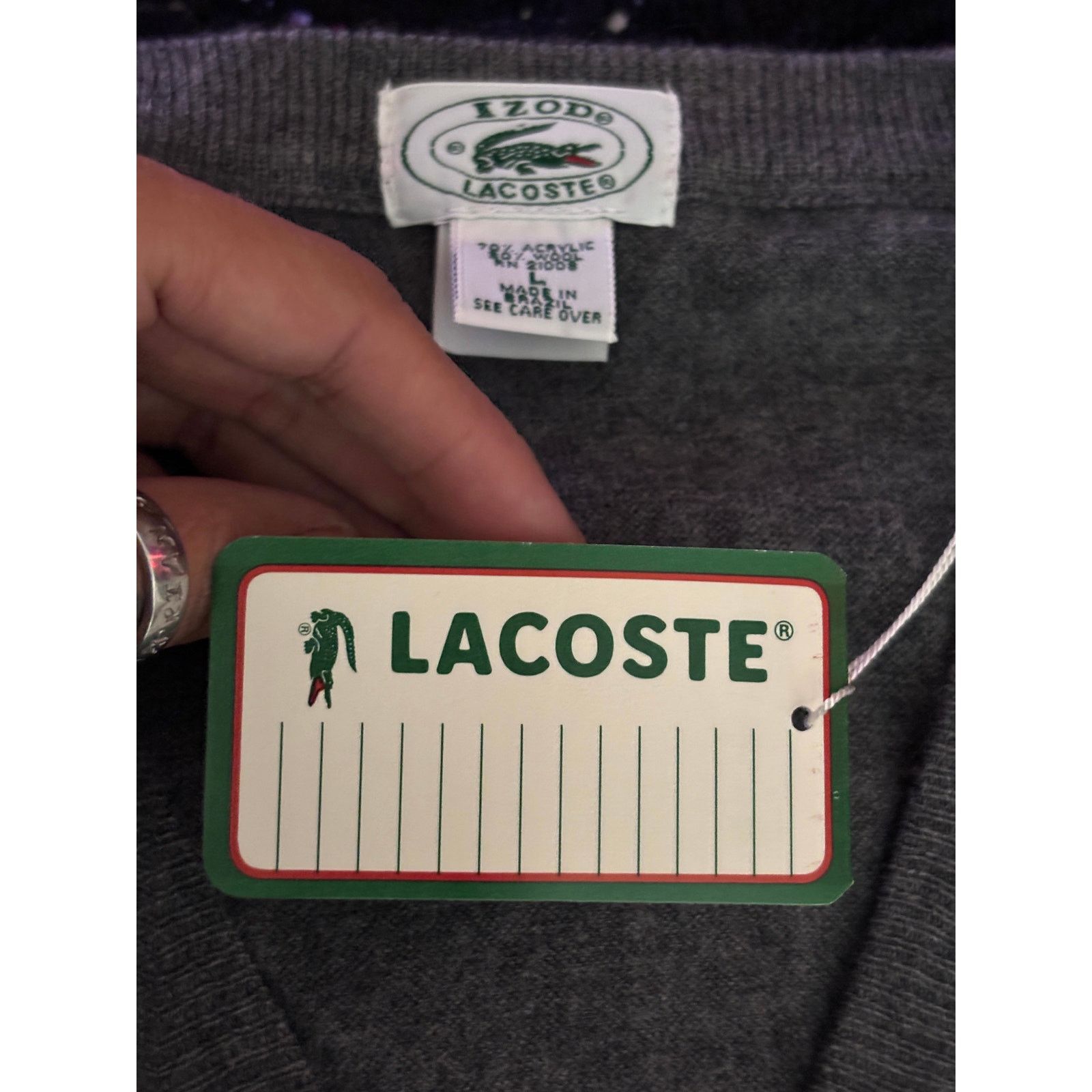 Lacoste Vintage 1980s Izod Lacoste Gray Knit V-Neck Sweater Men’s Size US L / EU 52-54 / 3 - 12 Thumbnail