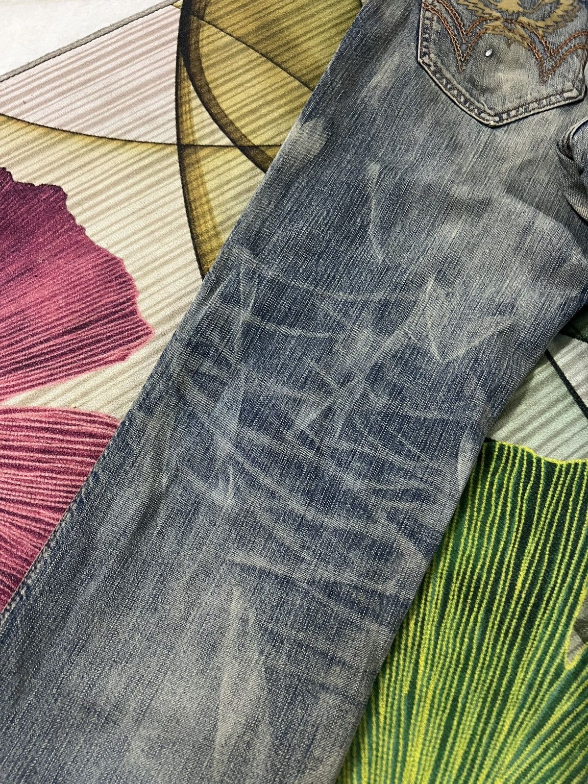 If Six Was Nine 💥Flare💥 Edwin 503 Blue Trip Eagle Model Distress Jean Size US 33 - 18 Thumbnail