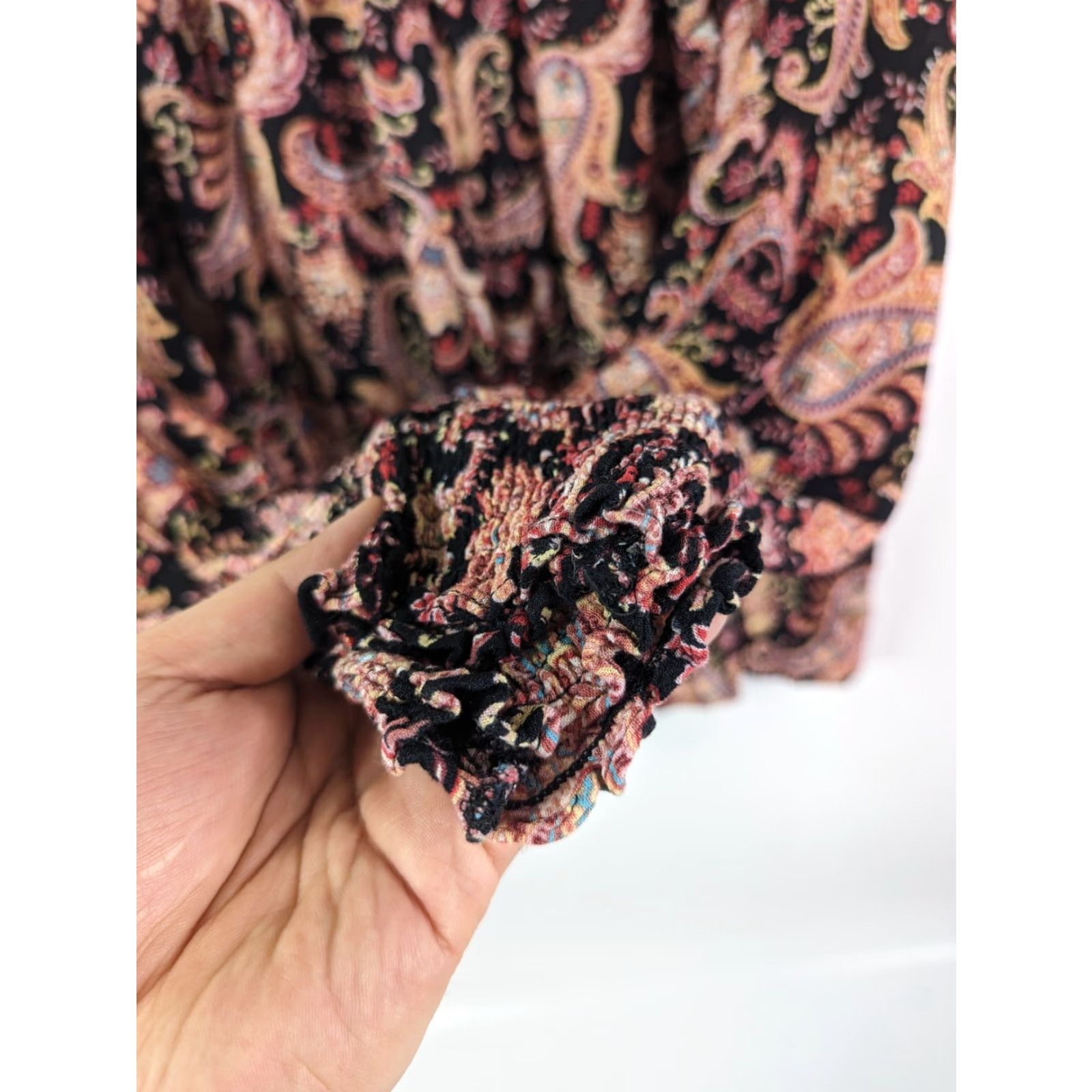 Vintage Knox Rose Blouse 2XL Black Pink Paisley Floral Smocked Ruffle Boho Women's Shirt Size XXL / US 16-18 / IT 52-54 - 4 Thumbnail