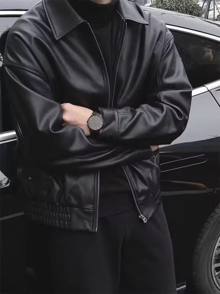 Japanese Brand Boxy Faux Leather Bomber Jacket - Minimalist Korean Style Size US L / EU 52-54 / 3 - 1 Thumbnail