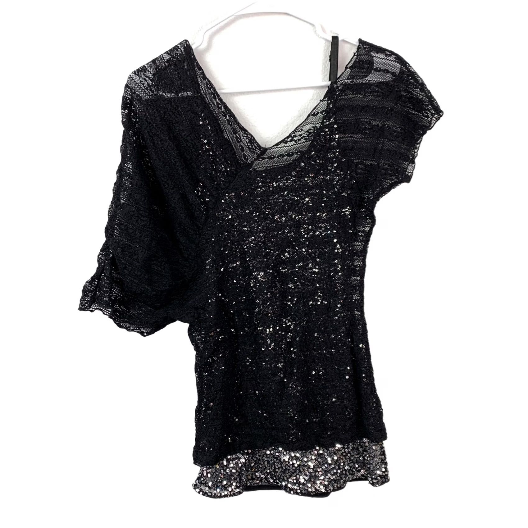 Vintage Daytrip Women's Black Sequin Lace One Shoulder Top M Sparkle Party Shirt Size M / US 6-8 / IT 42-44 - 7 Thumbnail