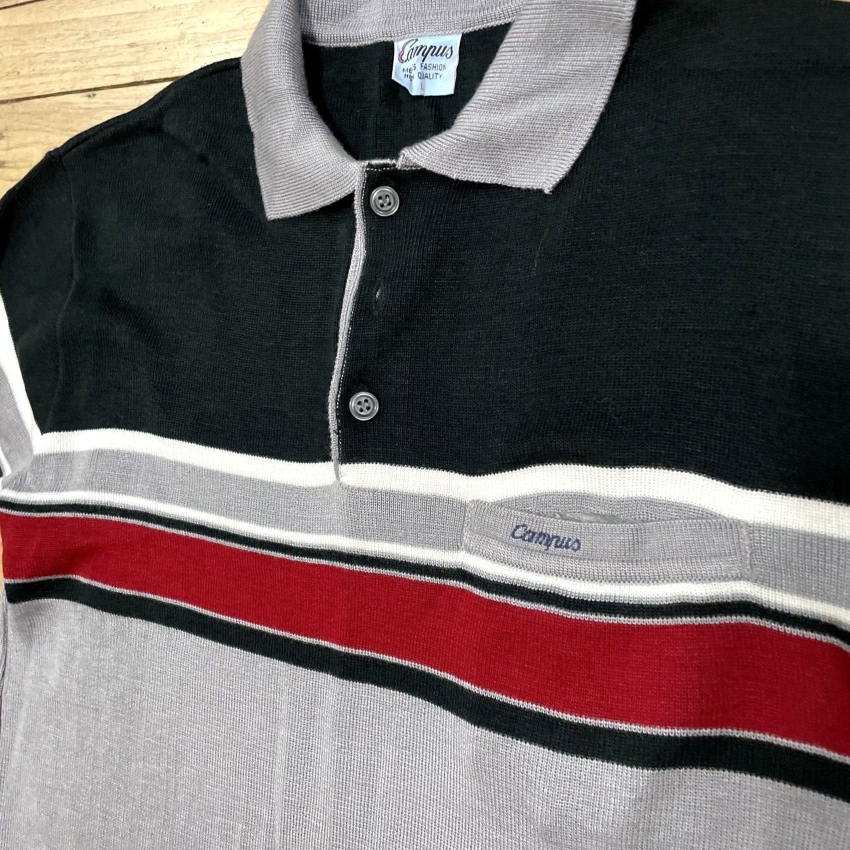 Vintage CAMPUS Polo Shirt Men L Gray Black Red Stripe Knit Vintage 1970s Classic Polo Shirt Mens Size US L / EU 52-54 / 3 - 5 Thumbnail
