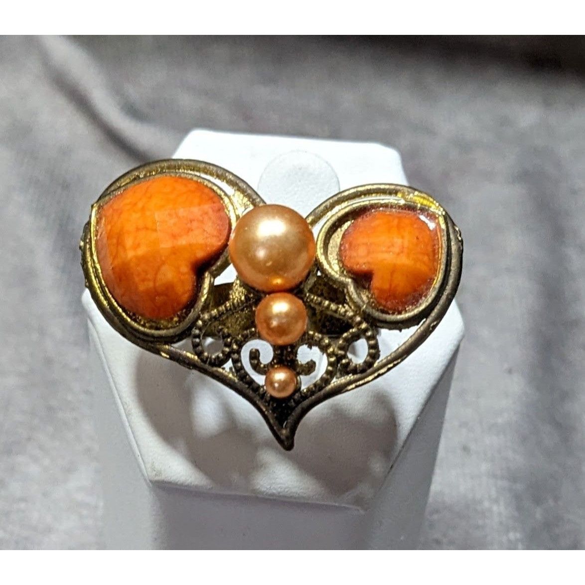 Other Steampunk Heart Shaped Orange And Gold Tone Adjustable Ring Size ONE SIZE - 6 Thumbnail