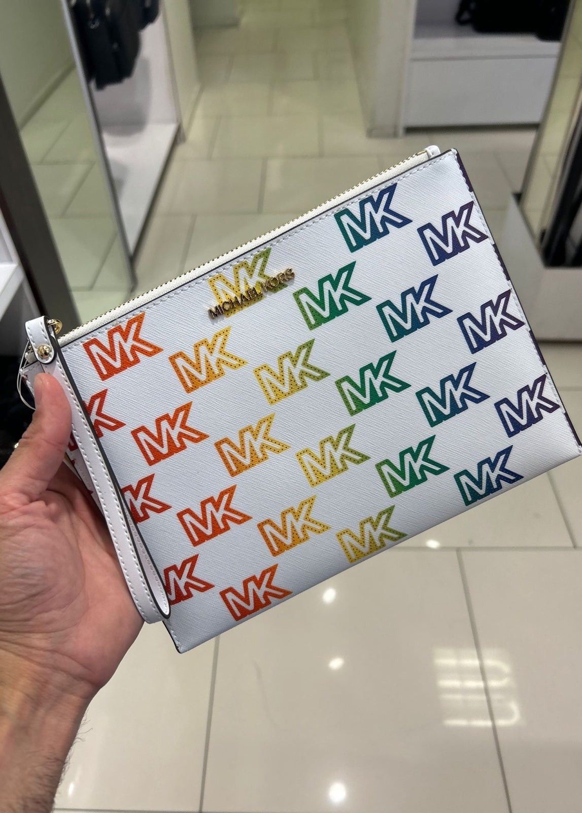 Michael kors XL zip clutch wristlet optic white multi Rainb
