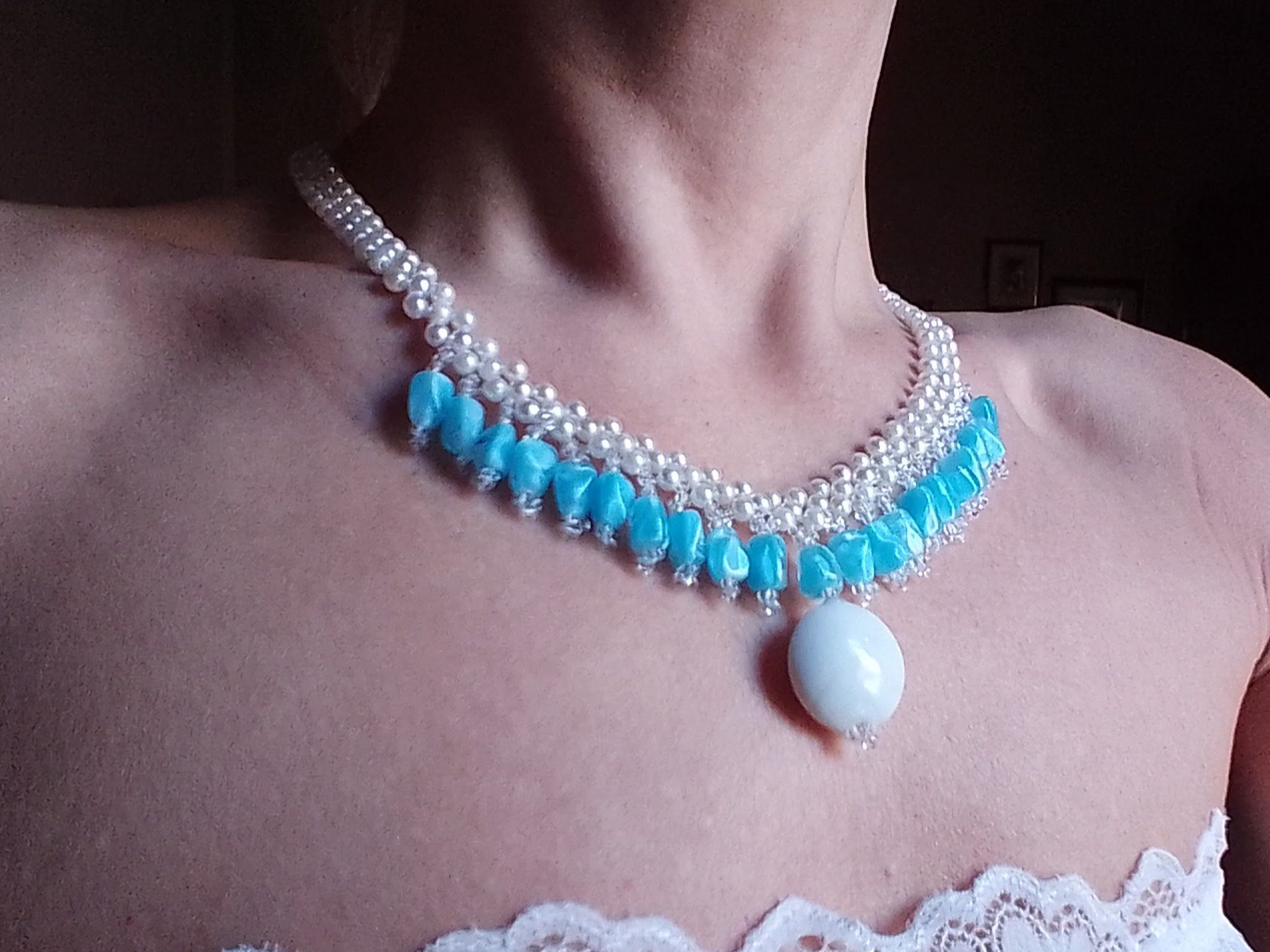 Handmade Pearls necklace with resin blue stones and ceramics Size ONE SIZE - 6 Thumbnail