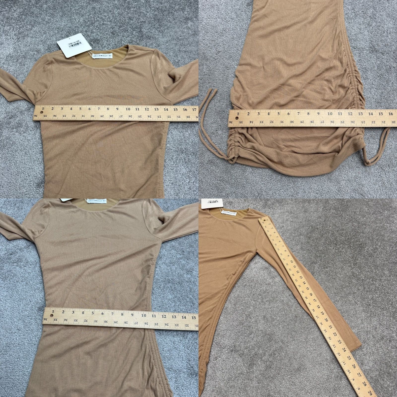 Vintage Hello Molly Dress Womens Medium Tan Brown Ribbed Knit Bodycon Ruched Midi NWT Size M / US 6-8 / IT 42-44 - 9 Thumbnail