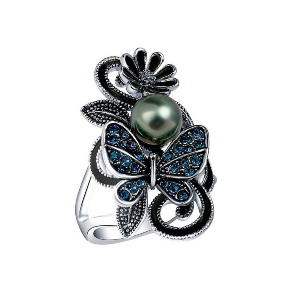 Designer Vintage Navy Blue Pearl Butterfly Silver Flower Ring- Size 7 Size ONE SIZE - 2 Thumbnail