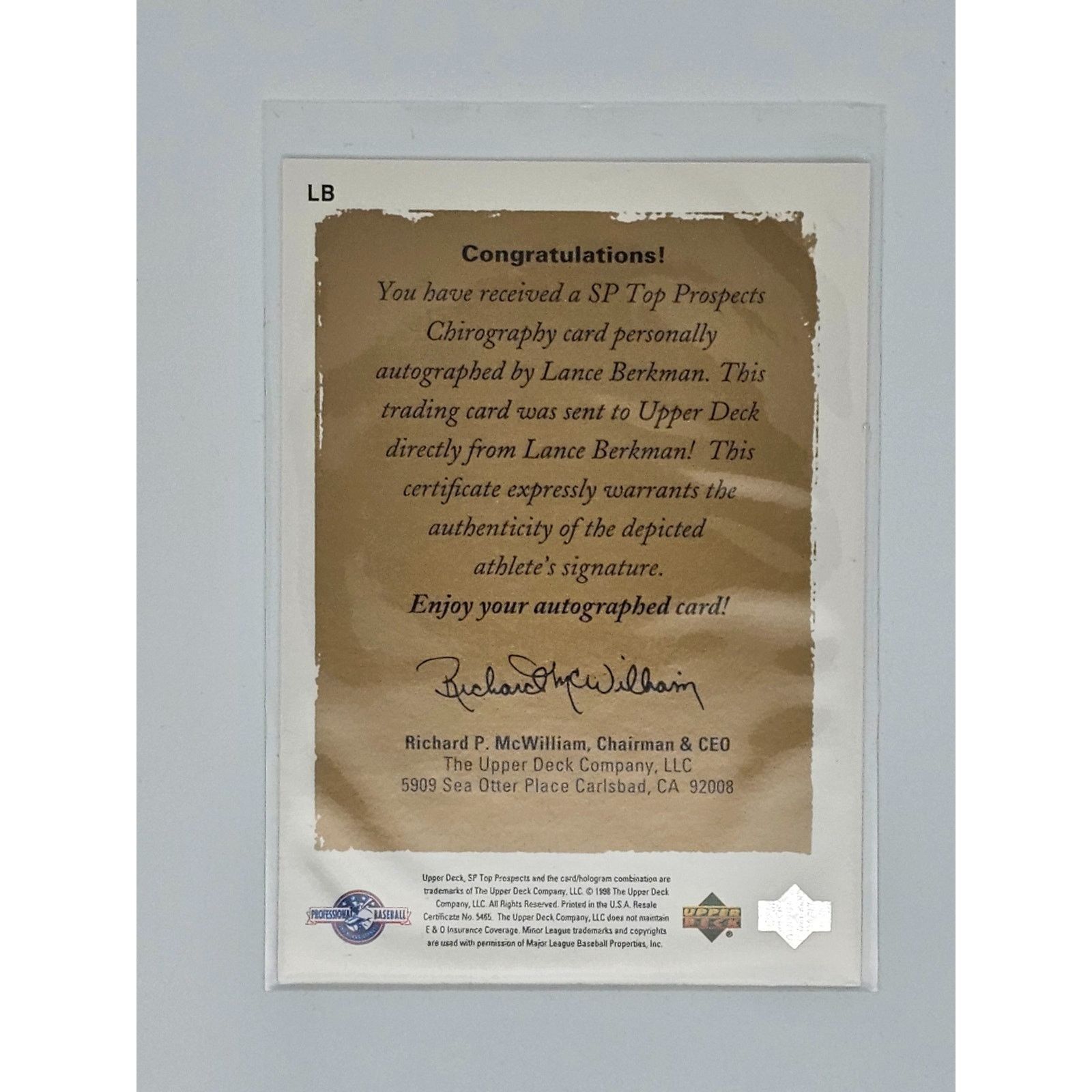 MLB 1998 SP Top Prospects Lance Berkman Chirography On-Card Auto Size ONE SIZE - 2 Thumbnail