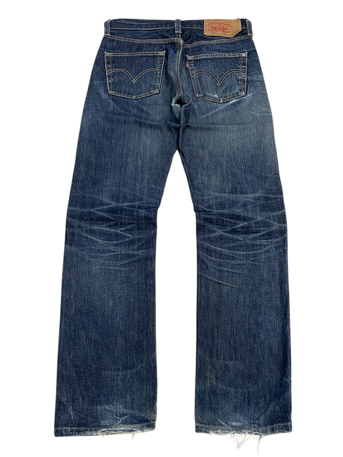 Levi's Levis 501 Straight Leg Buttonfly Dark Denim Distressed Size US 29 - 2 Thumbnail