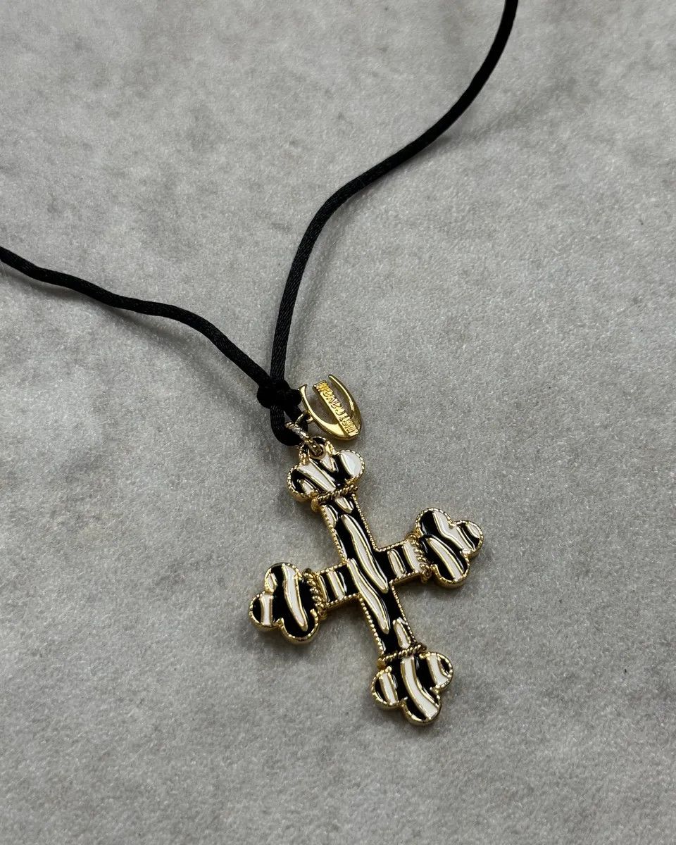 Roberto Cavalli Cavalli Gold Metal Cross Pendant with Striped Detail Necklace Size ONE SIZE - 3 Thumbnail