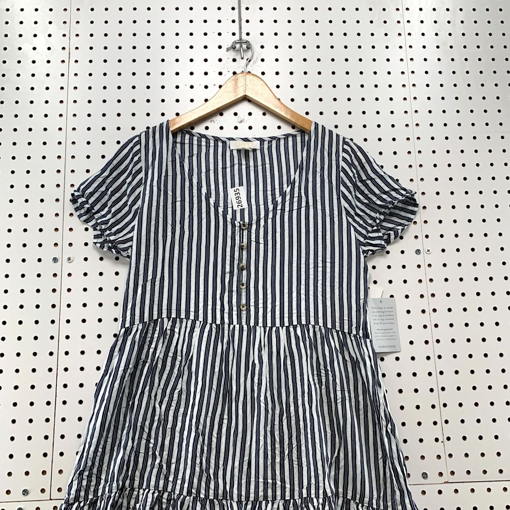 Vintage Chance Dress Womens Medium Blue V Neck Tiered Ruffle Short Sleeve Stripe Size 32" / US 10 / IT 46 - 6 Thumbnail