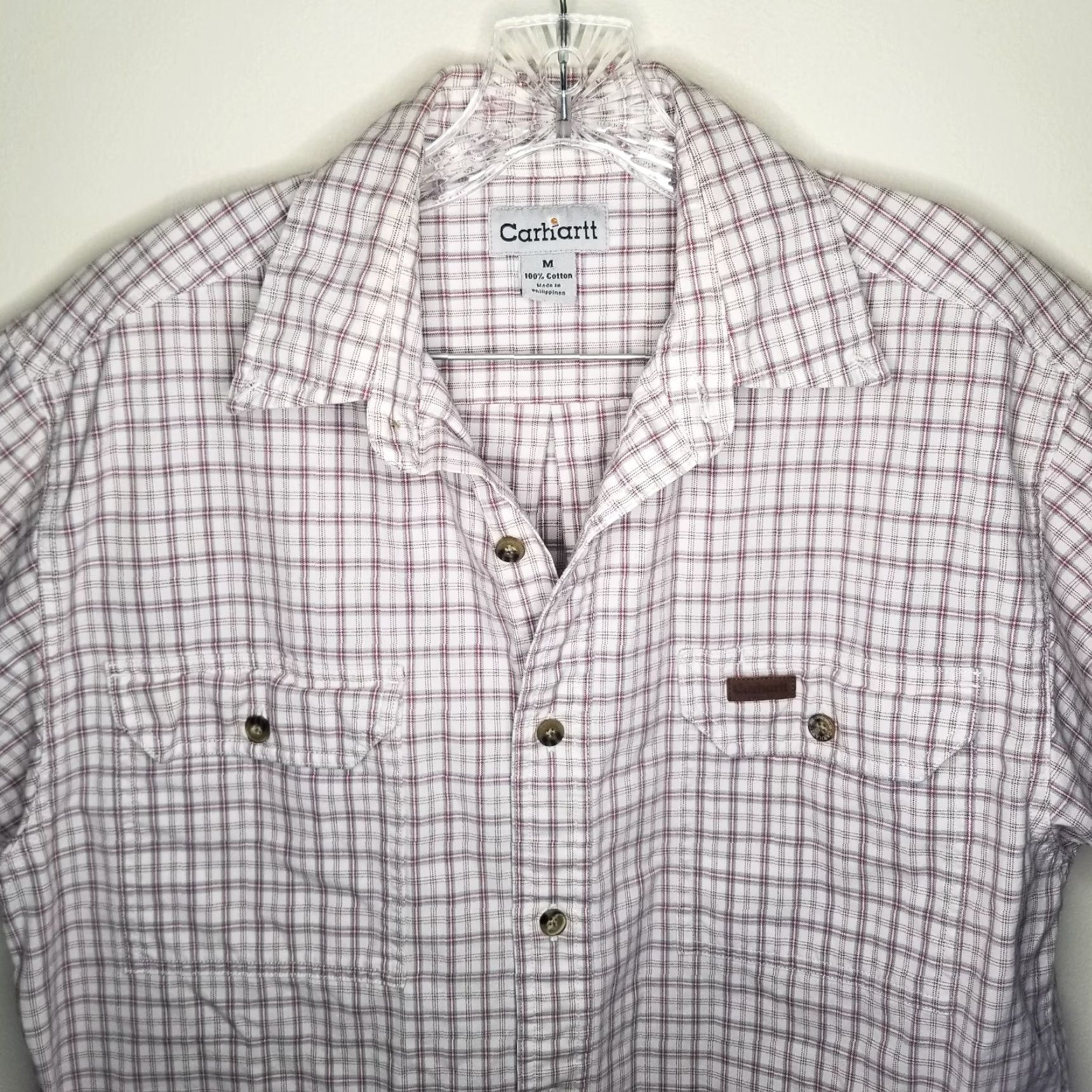 Carhartt Carhartt Shirt Mens Plaid Short Sleeve Button-Up M Red Beige 90s Workwear Mens Size US 31 - 2 Thumbnail