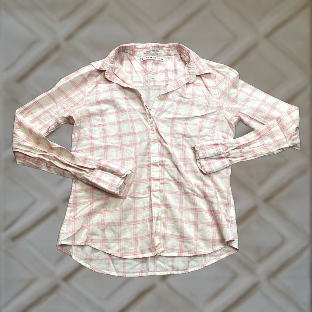 Tommy Hilfiger VINTAGE Tommy Hilfiger Blouse Button Up Shirt Womens 6 White Pink Plaid Soft Flannel Top Size M / US 6-8 / IT 42-44 - 1 Thumbnail