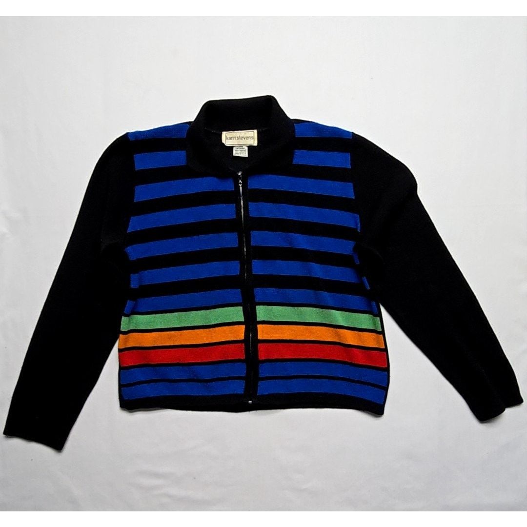 Vintage Vintage Karin Stevens Striped Rainbow L Full Zip Cardigan Size L / US 10 / IT 46 - 1 Thumbnail