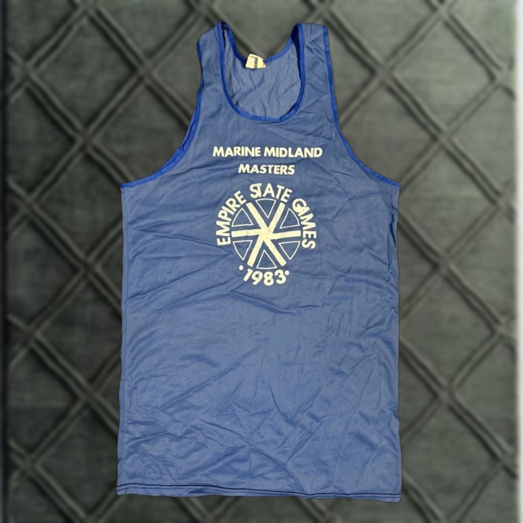 Vintage VINTAGE Empire State Games New York Blue Nylon Athletic Tank Top Shirt 1983 Empire Sporting Goods S/M Blue 1980s Womens/Mens? Size US S / EU 44-46 / 1 - 1 Thumbnail