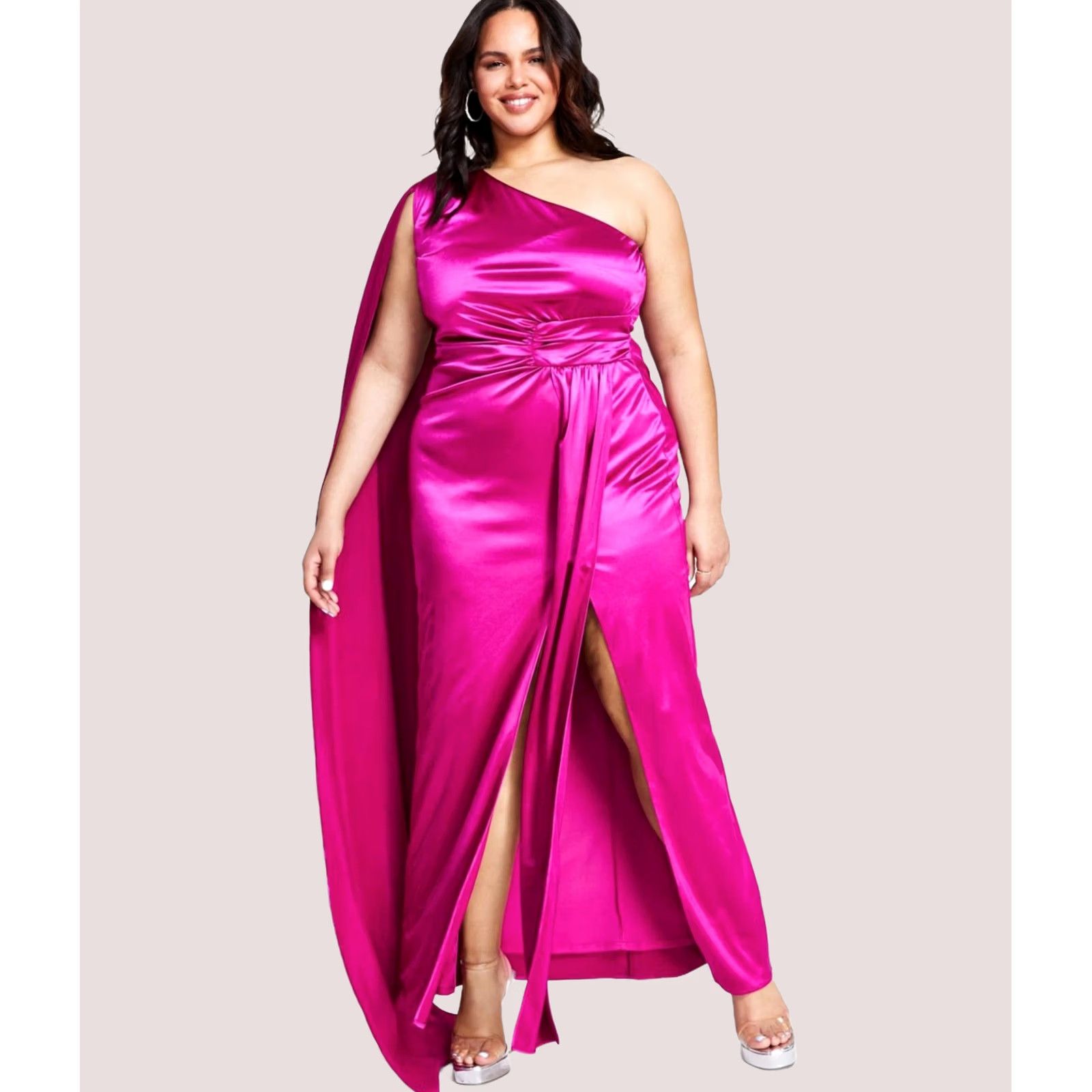 Vintage City Studio Womens Plus Size 14W Gown Dress Cape Satin Flyaway deeporchid Size XL / US 12-14 / IT 48-50 - 1 Thumbnail