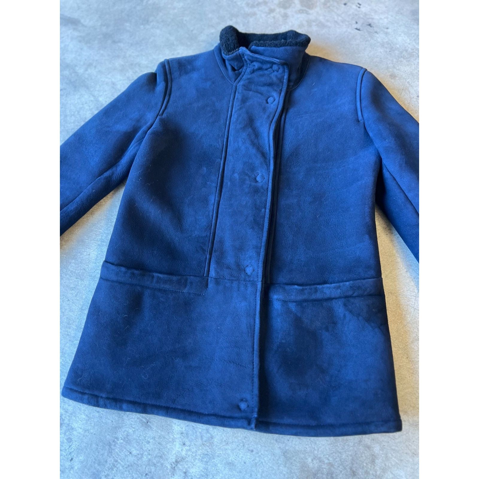 Saks Fifth Avenue Luxury Spanish Shearling Walker Stand Collar Navy Coat - XS Size XS / US 0-2 / IT 36-38 - 5 Thumbnail