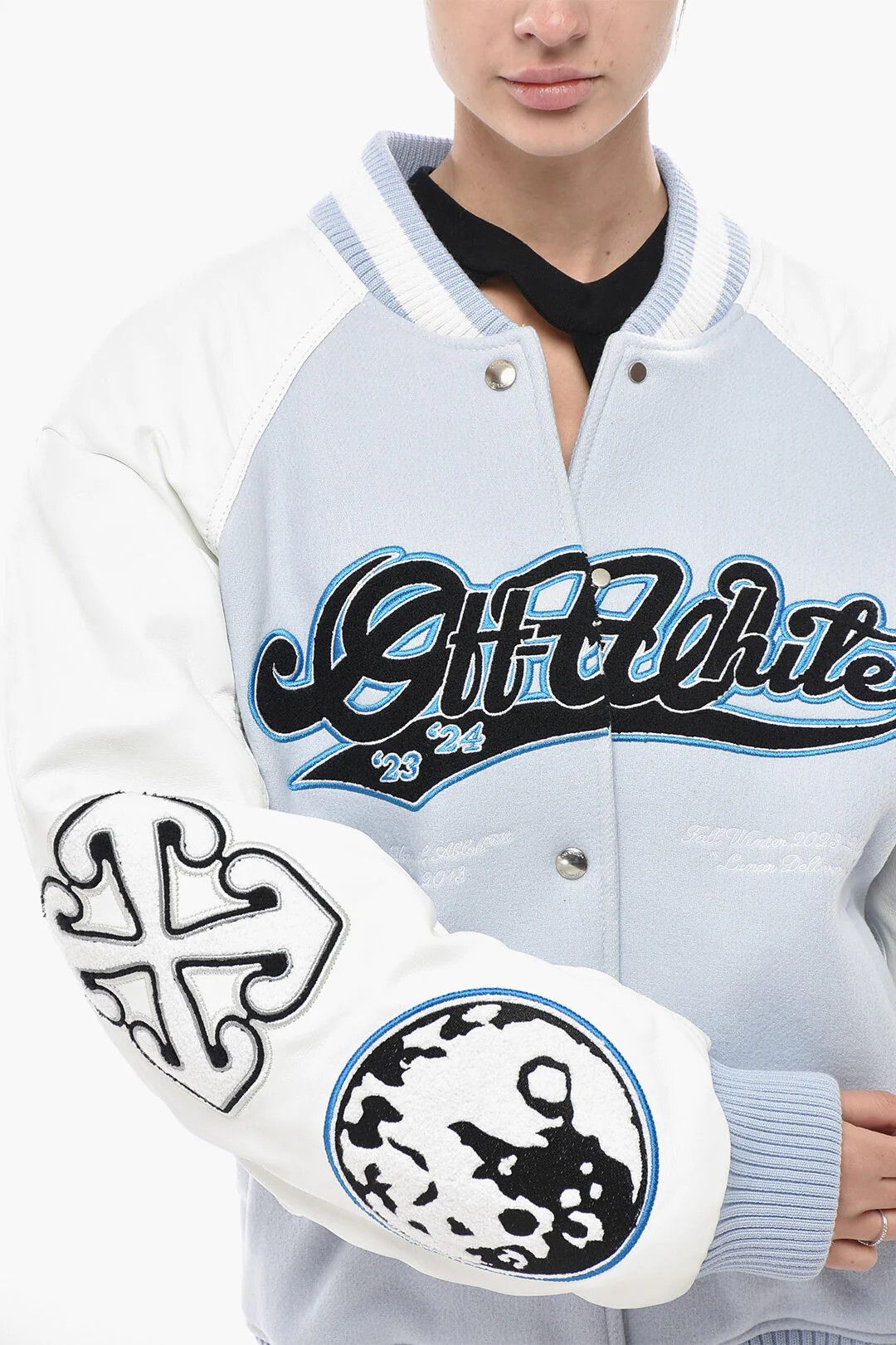 Off-White og1mm0426 Leather Sleeves Wool-Cloth Bomber Jacket Blue Size M / US 6-8 / IT 42-44 - 3 Thumbnail