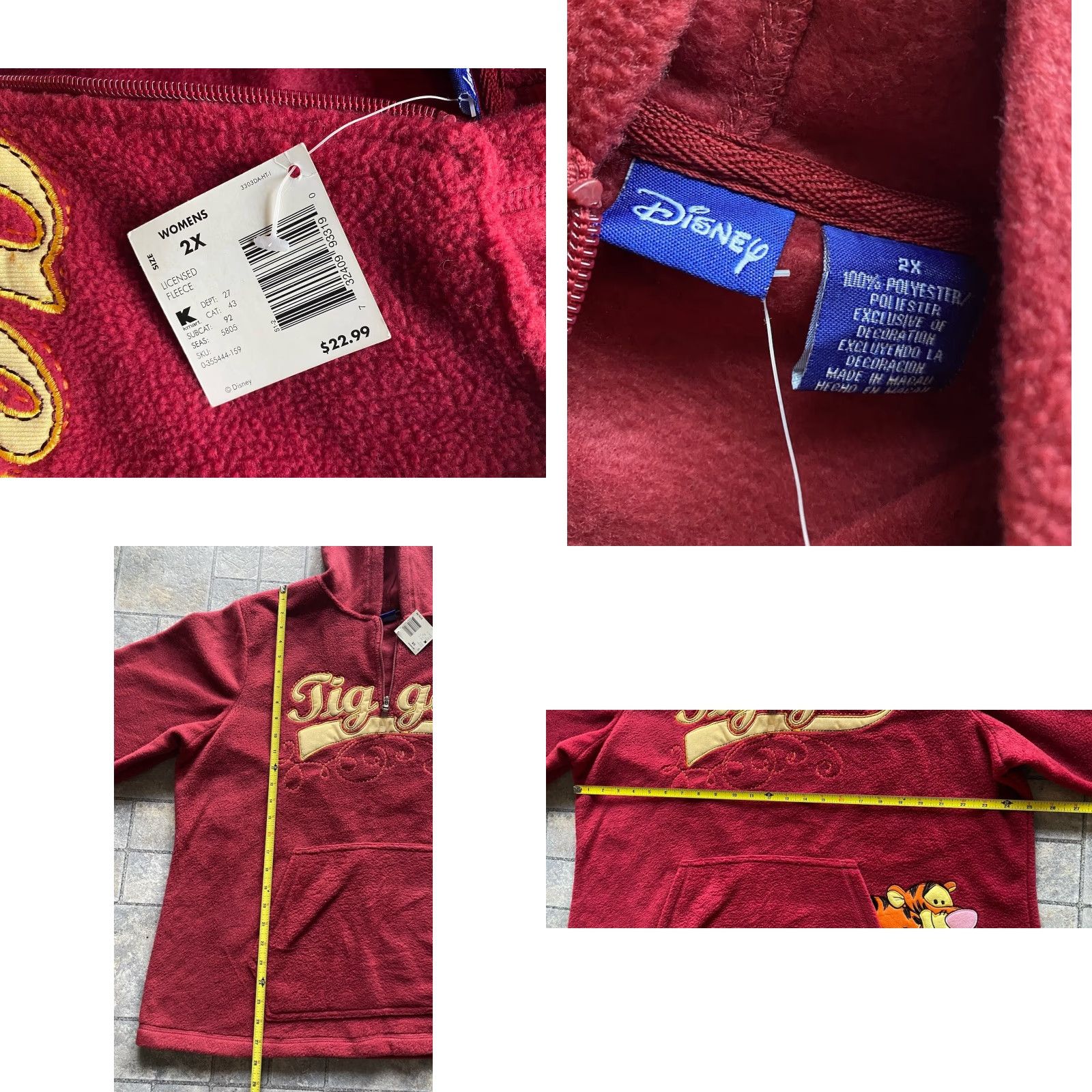 Disney VINTAGE Disney Tigger Hoodie Womens 2X Red Fleece Pullover 1/4 Zip Winnie the Pooh NEW WITH TAGS Size XXL / US 16-18 / IT 52-54 - 8 Thumbnail