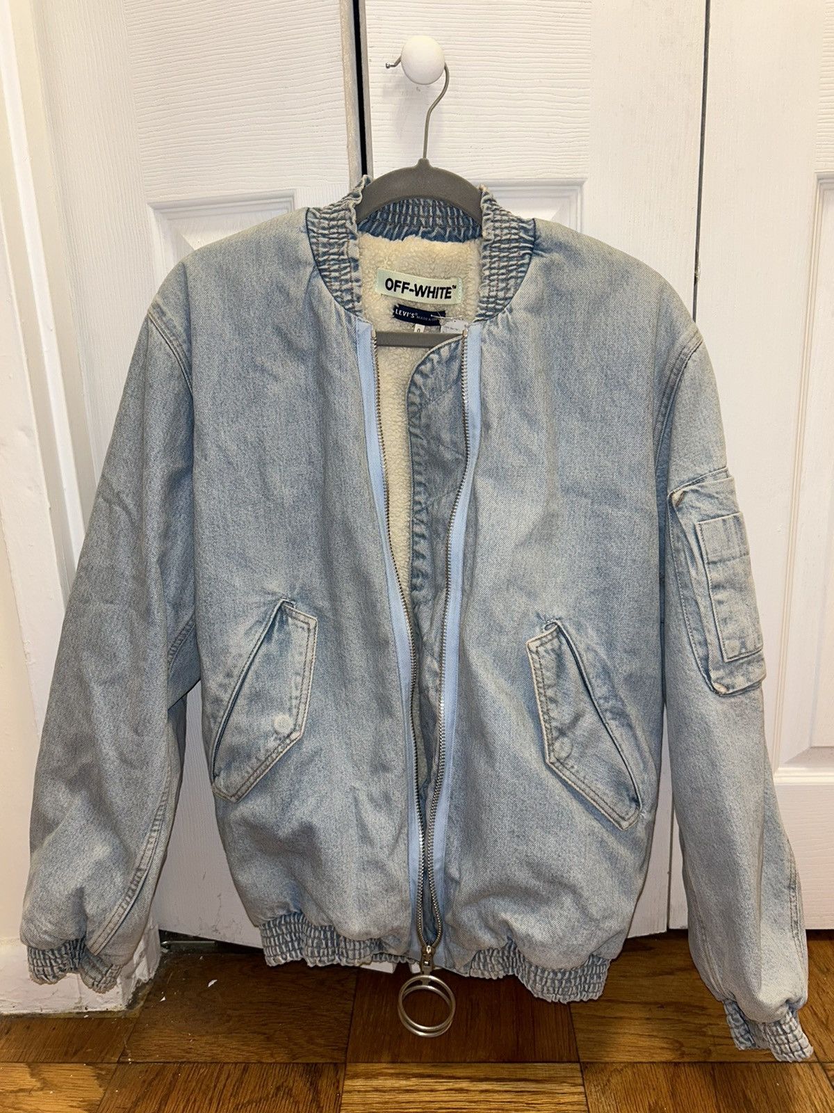 image of Levis Made Crafted x Off White : Off-White X Levi’S Sherpa Lined Bomber in Denim, Men's (Size Small