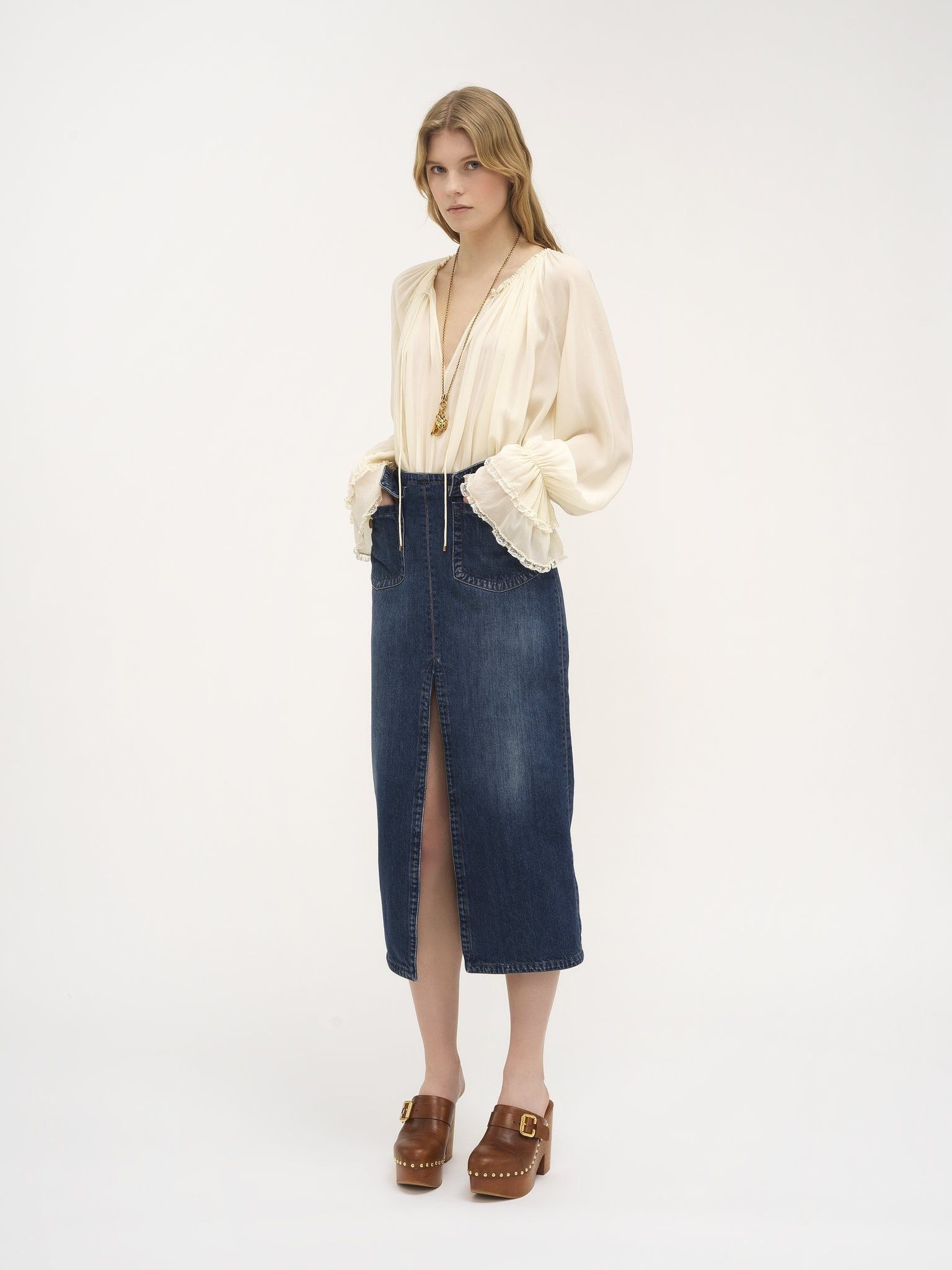 Chloe o1loc1c11025 Front-Slit Midi Slim Skirt in Denim Blue Size 28" / US 6 / IT 42 - 2 Thumbnail