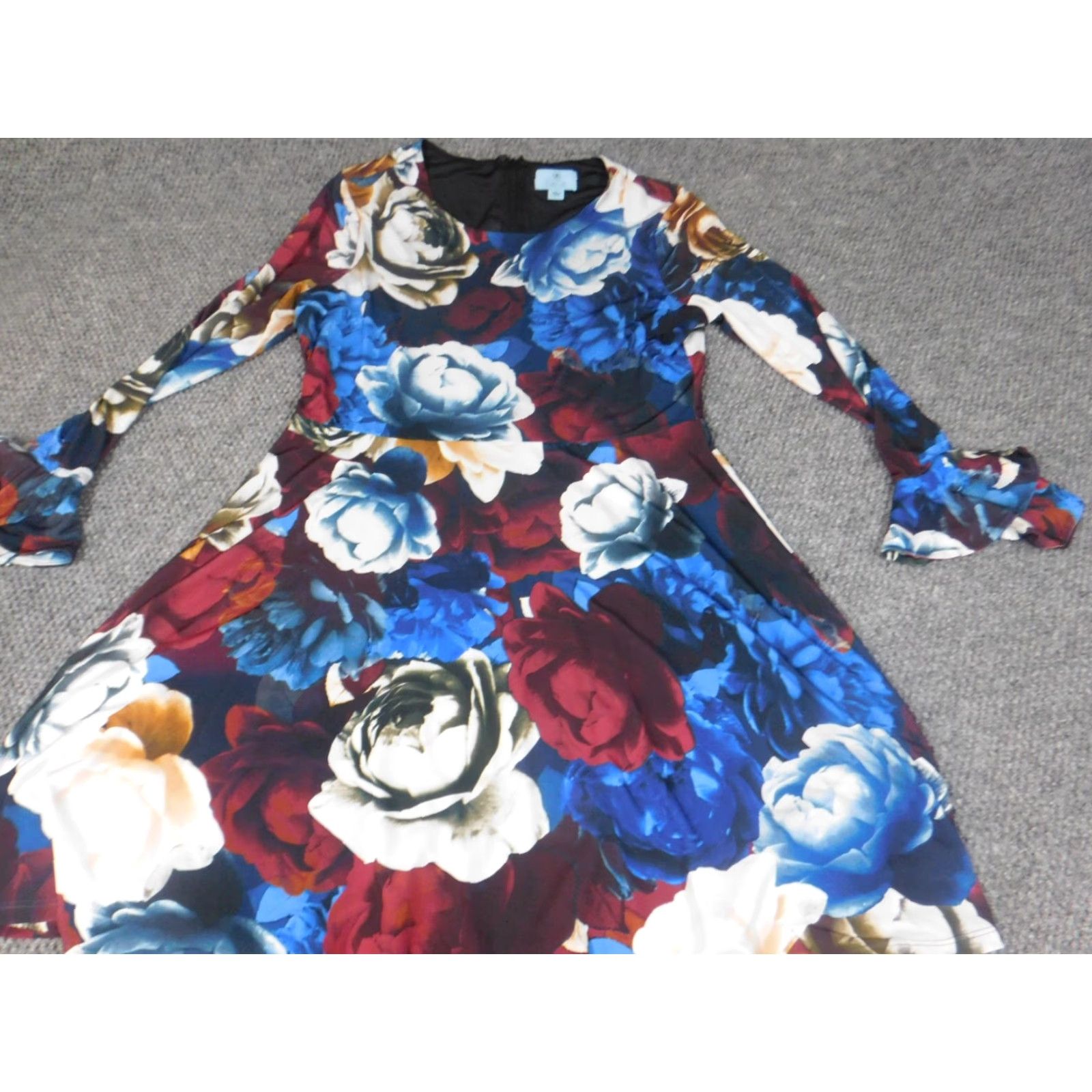 Vintage CeCe L'amour CeCe Womens Dress A-Line Floral Blue Knee Length L/Ruffle/Stretch/Polyester Rayon Knee Length L Women Casual, Business - Fall Summer Size L / US 10 / IT 46 - 2 Thumbnail