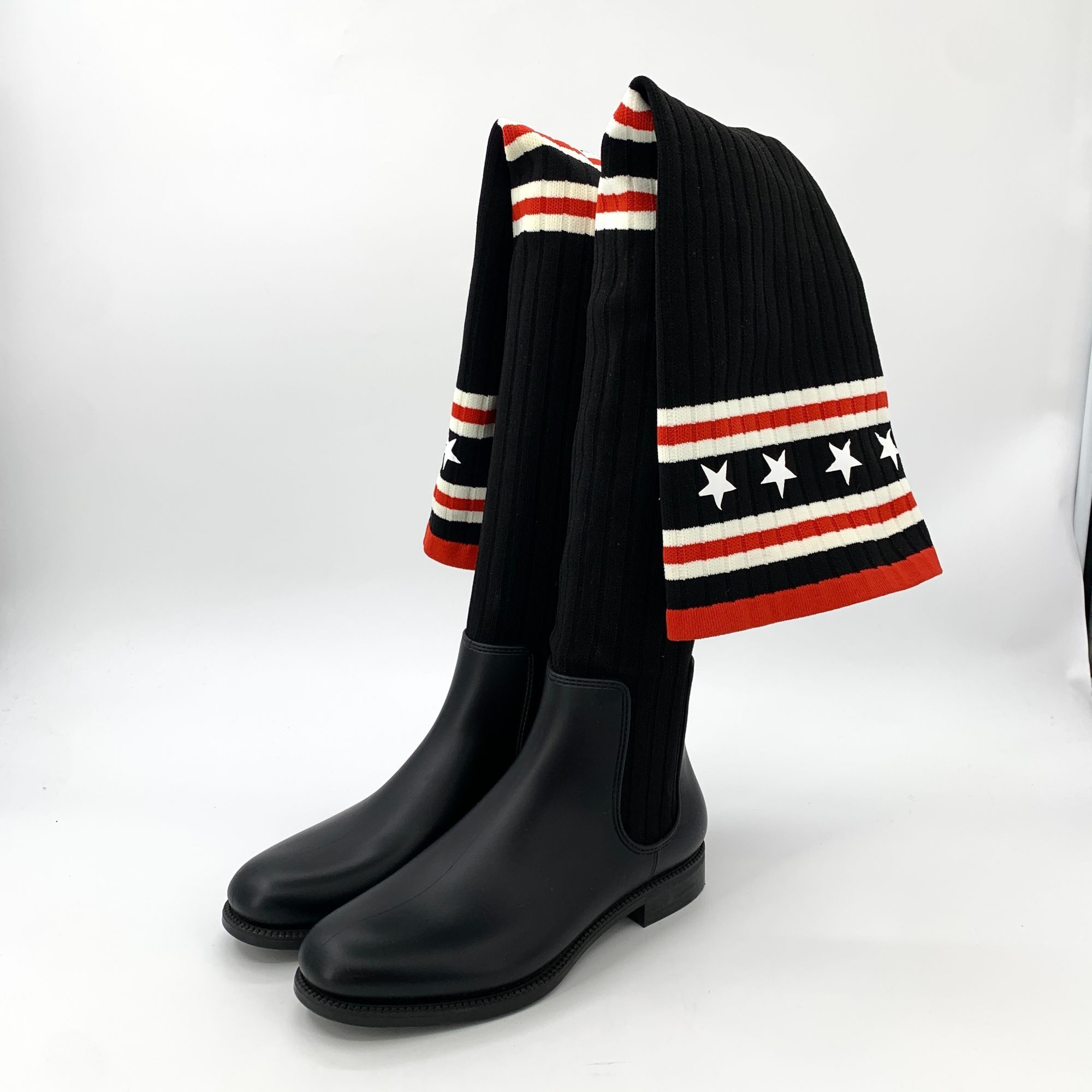 Givenchy Givenchy Black Leather Boots With Knit Star & Stripe Detail Size US 7 / IT 37 - 1 Thumbnail