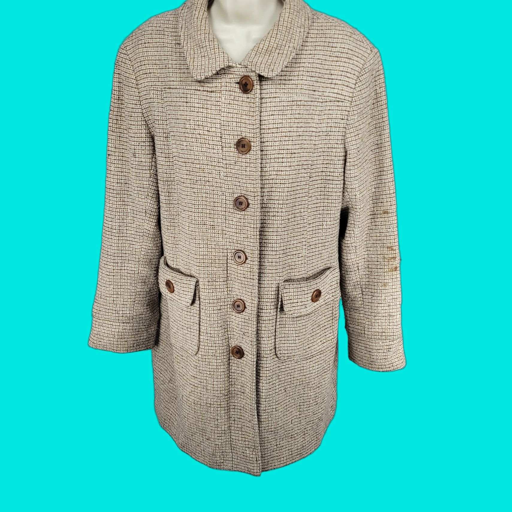 Vintage Static Tan Wool Blend Tweed Buttoned Pockets Lined Collared Coat XL Women’s Overcoat Buttons Pockets Lined Wool Tweed Coat Size XL / US 12-14 / IT 48-50 - 1 Thumbnail