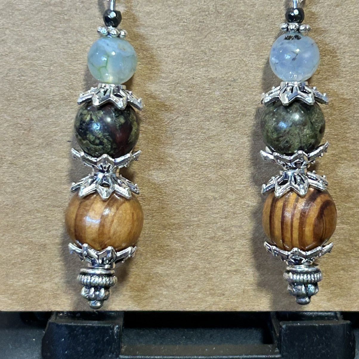 Handmade Handcrafted vintage wood bead dragon vein agate earrings Size ONE SIZE - 3 Thumbnail