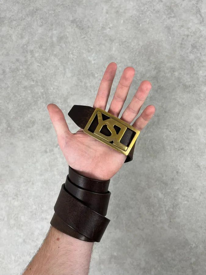 Yves Saint Laurent 2000s Yves Saint Laurent Golden YSL Buckle Black Leather Belt Size ONE SIZE - 2 Thumbnail