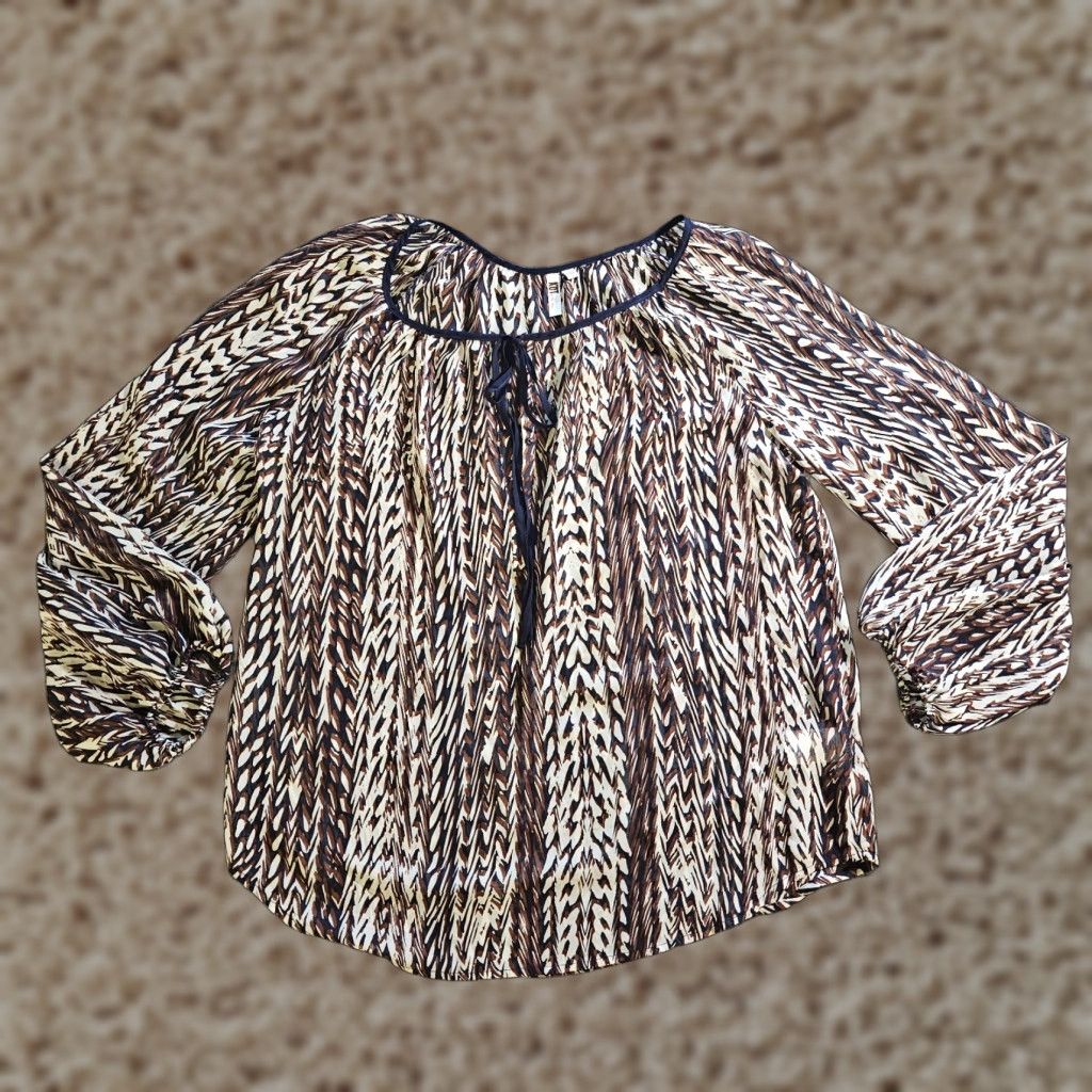 Vintage KUT from the Kloth Top Womens XL Brown Blue Sheer Balloon Sleeve V-Neck Blouse Shirt Casual Size XL / US 12-14 / IT 48-50 - 1 Thumbnail